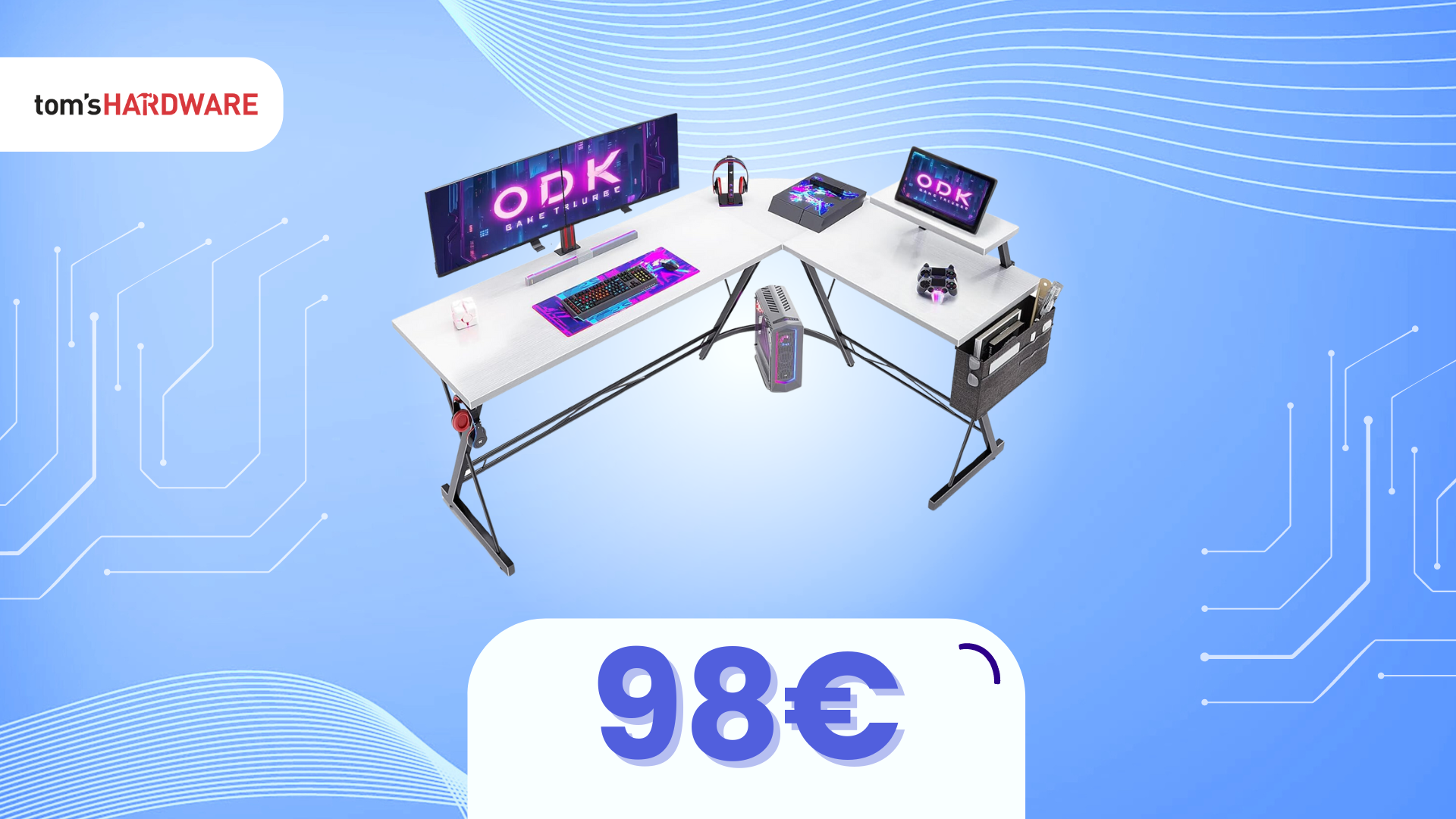 Scrivania Gaming Angolare A L ODK Con Supporto Monitor Integrato - 127x127 Cm, Design Bianco Fibra Di Carbonio, Porta Cuffie